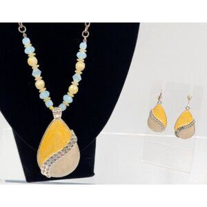KC Necklace Pendant & Earring Set Signed Yellow & White Swirl Enamel Beads Boho